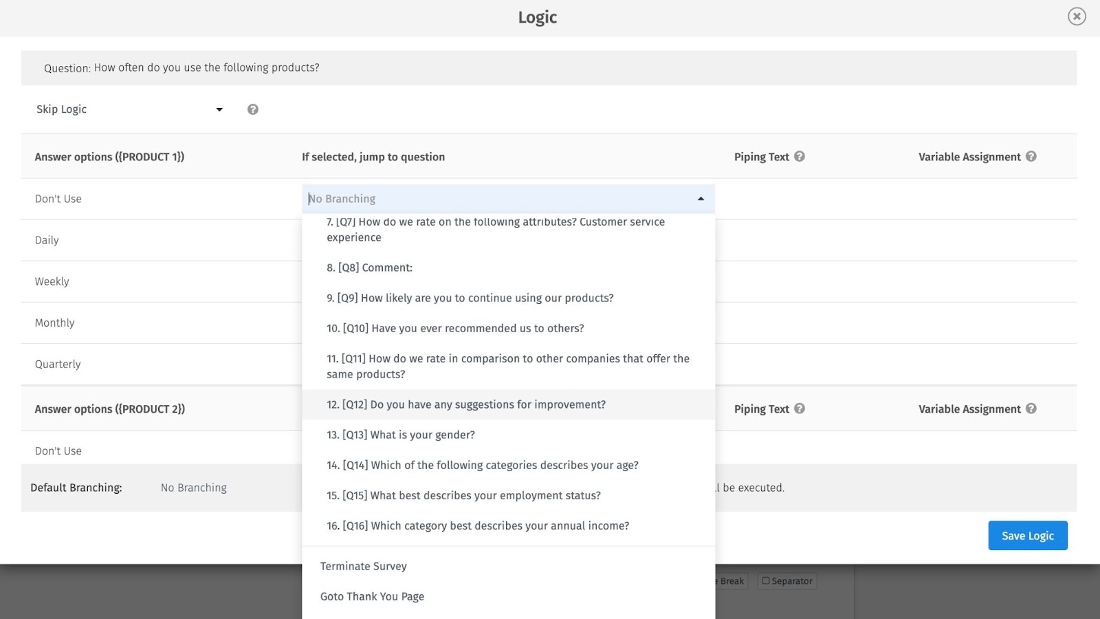A screenshot of the logic settings in a survey form, showing skip logic options