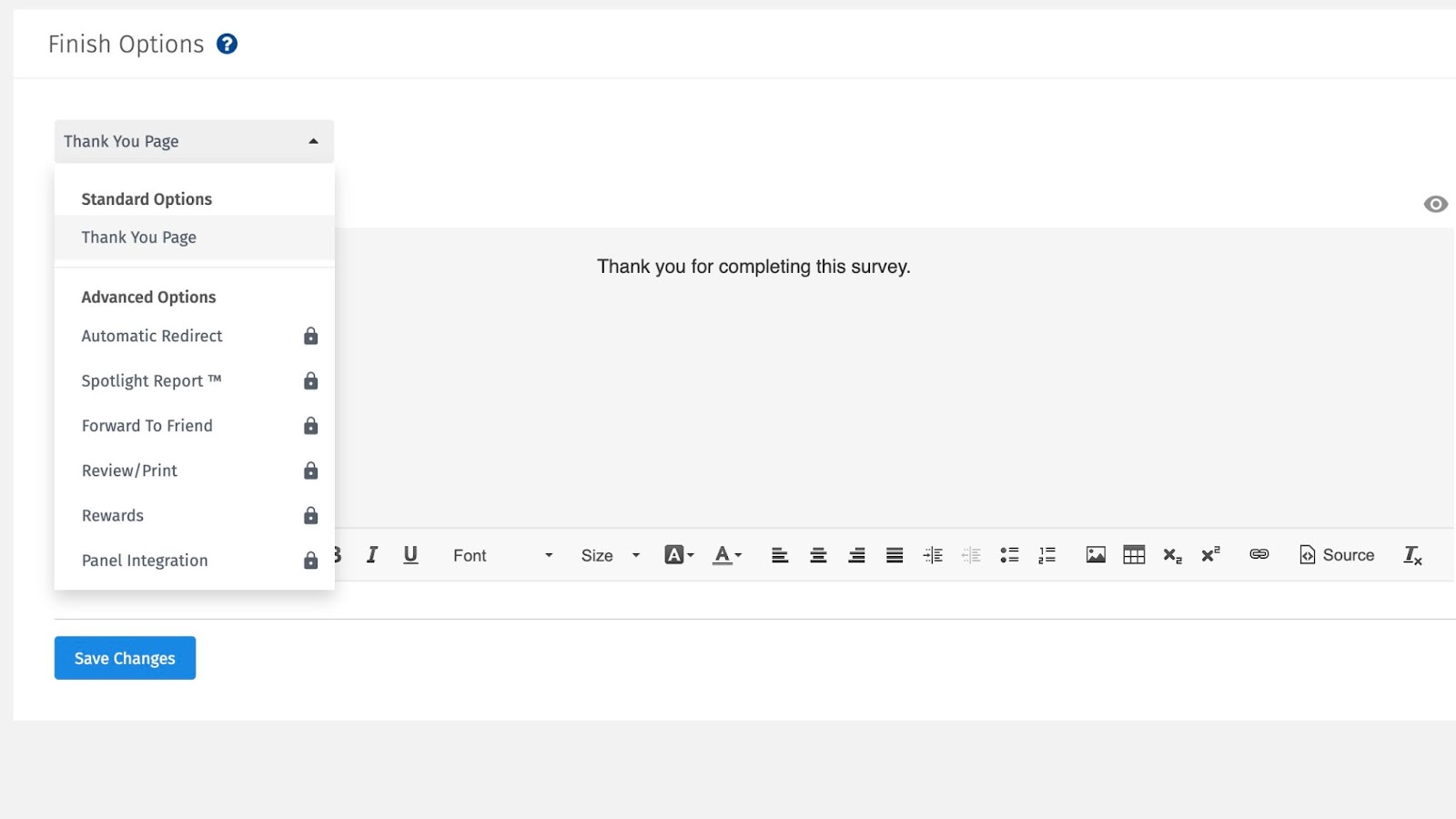 A screenshot showing the "Finish Options" in a survey form