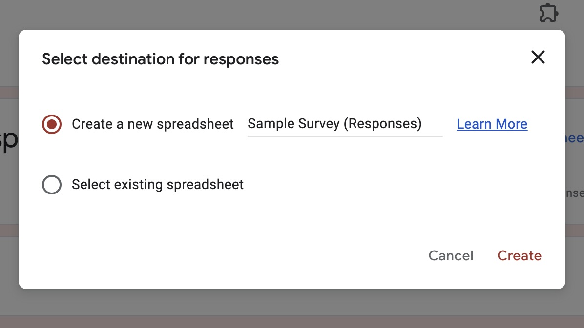 A screenshot of a Google Forms window showing options to select a destination for responses, with the choices to either create a new spreadsheet or select an existing one