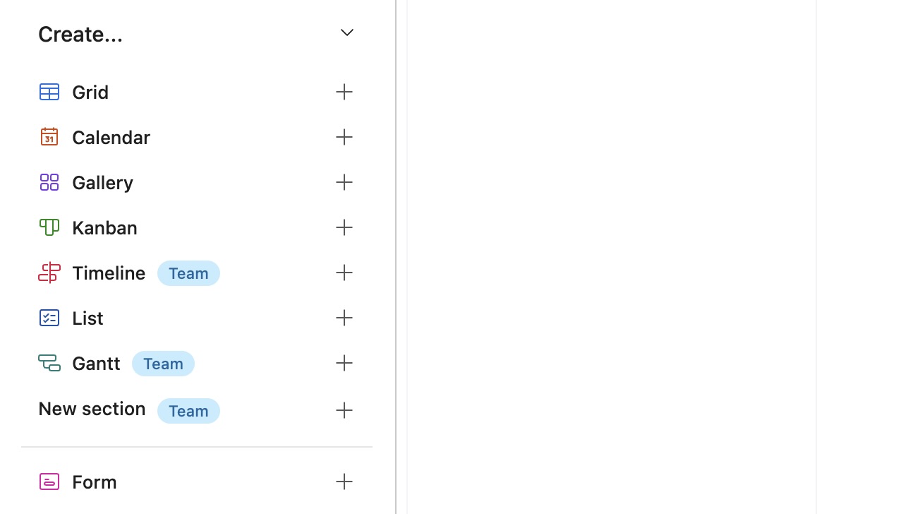 A screenshot of a task management interface showing a list of options under "Create
