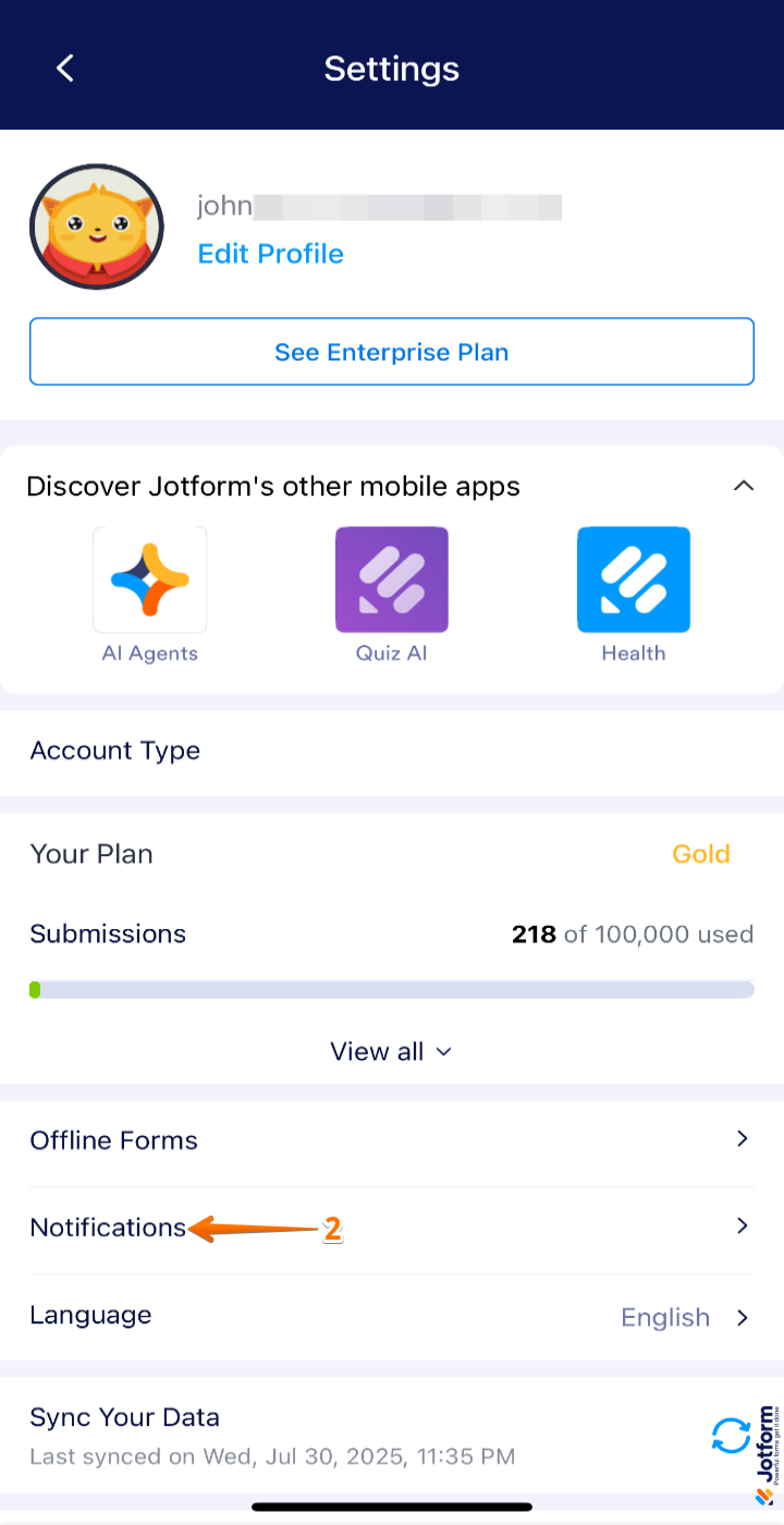 Notifications option highlighted in the Jotform Mobile App settings menu to manage form alerts