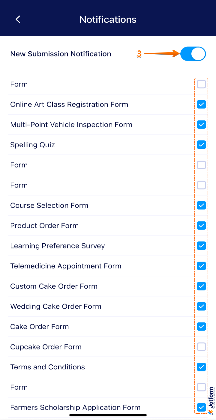 New Submission Notification toggle enabled in Jotform Mobile App to receive alerts for form submissions, with checkboxes to manage notifications per form