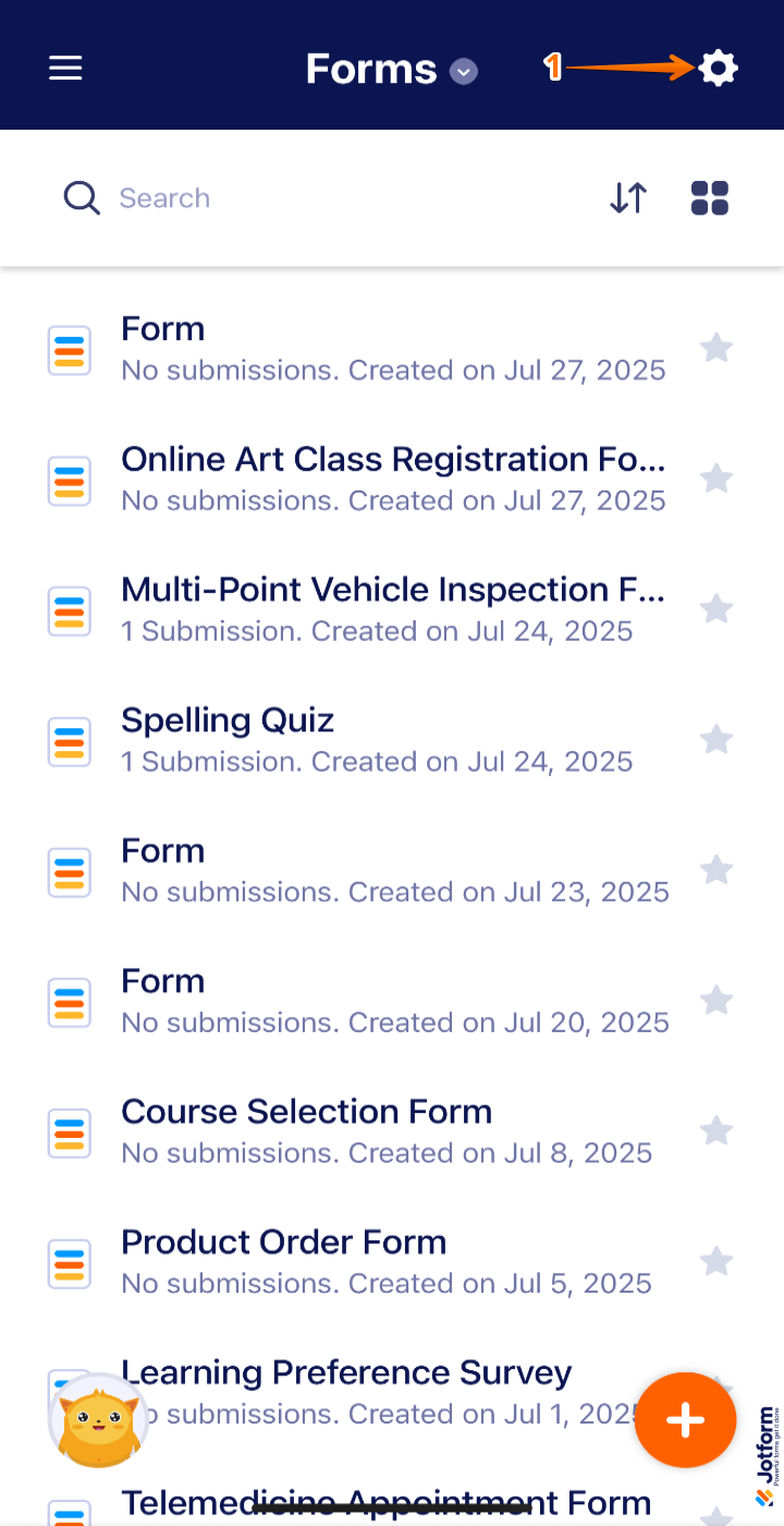 Jotform Mobile App interface with Gear icon highlighted in the top-right corner to access settings