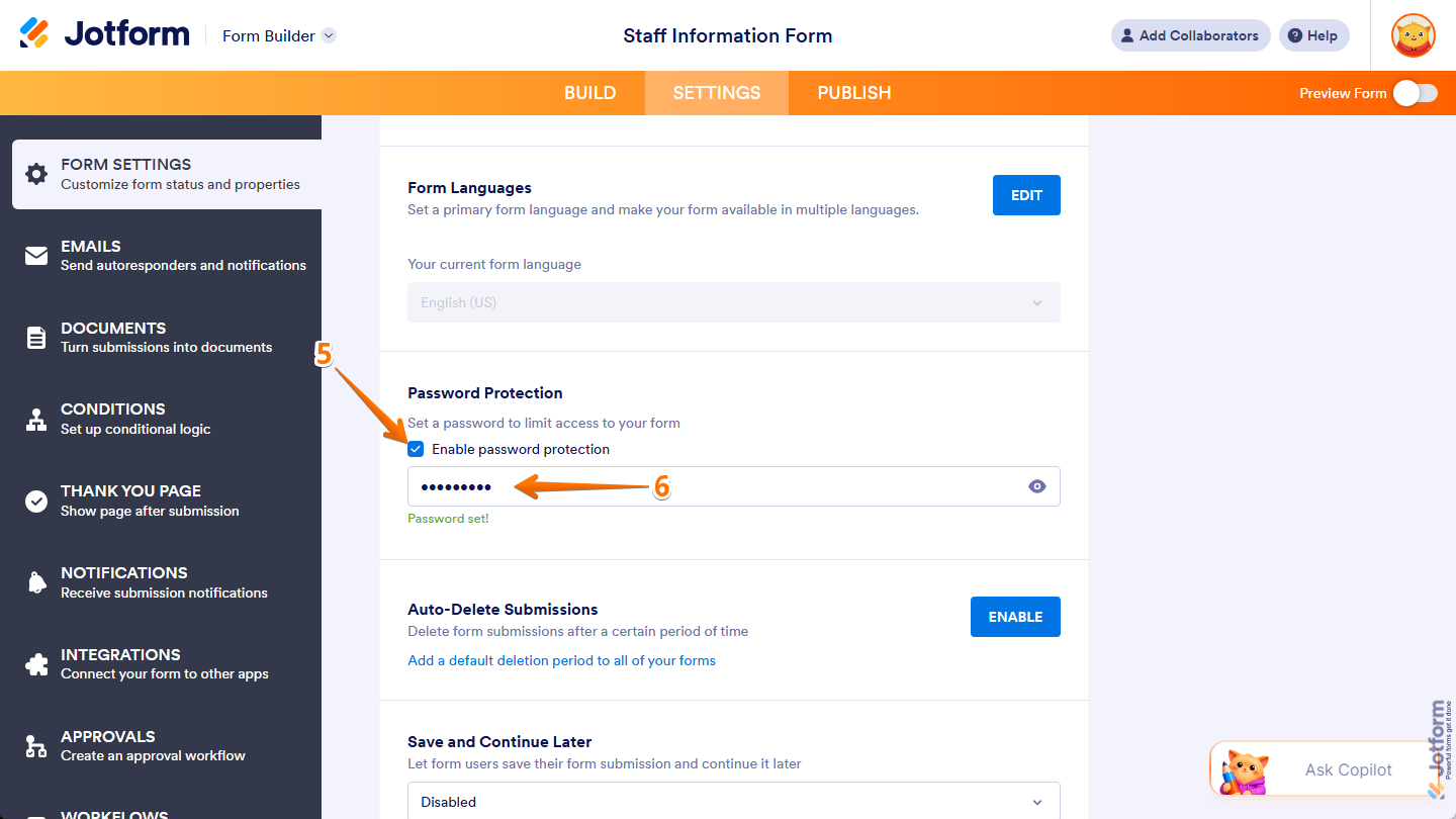 Checked Enable Password Protection option of the Password Protection setting in the Forms Settings menu under the Settings tab in Jotform Form Builder