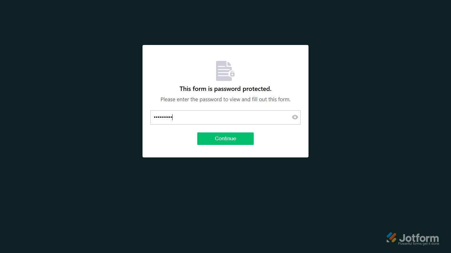 Jotformのパスワード保護されたフォームのパスワード入力プロンプト。