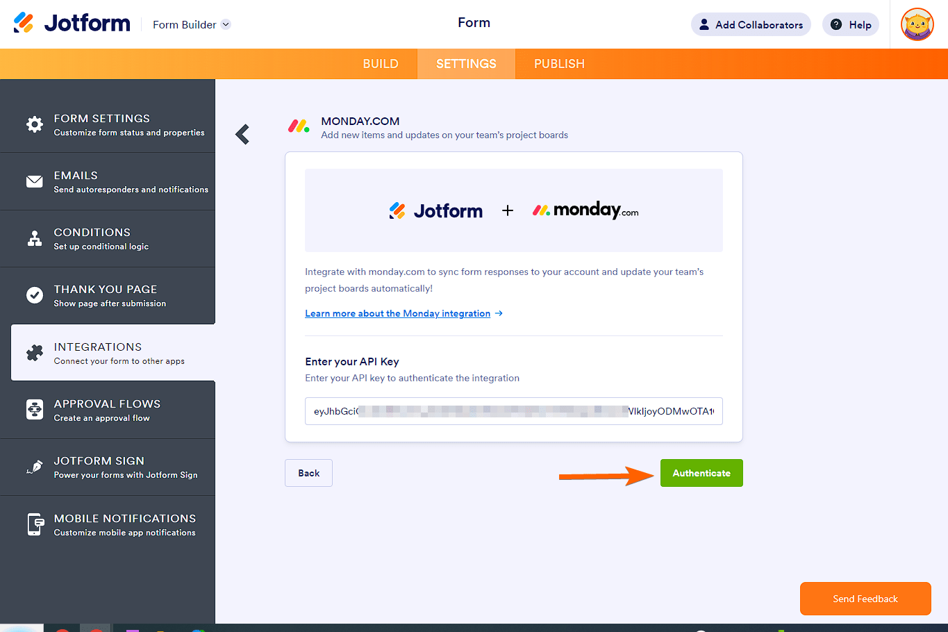 API Key box and Authenticate button in monday