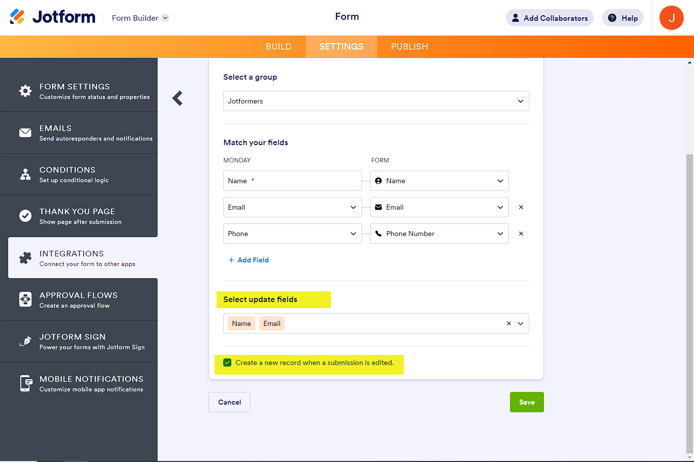 Update fields and create new record conditions in monday