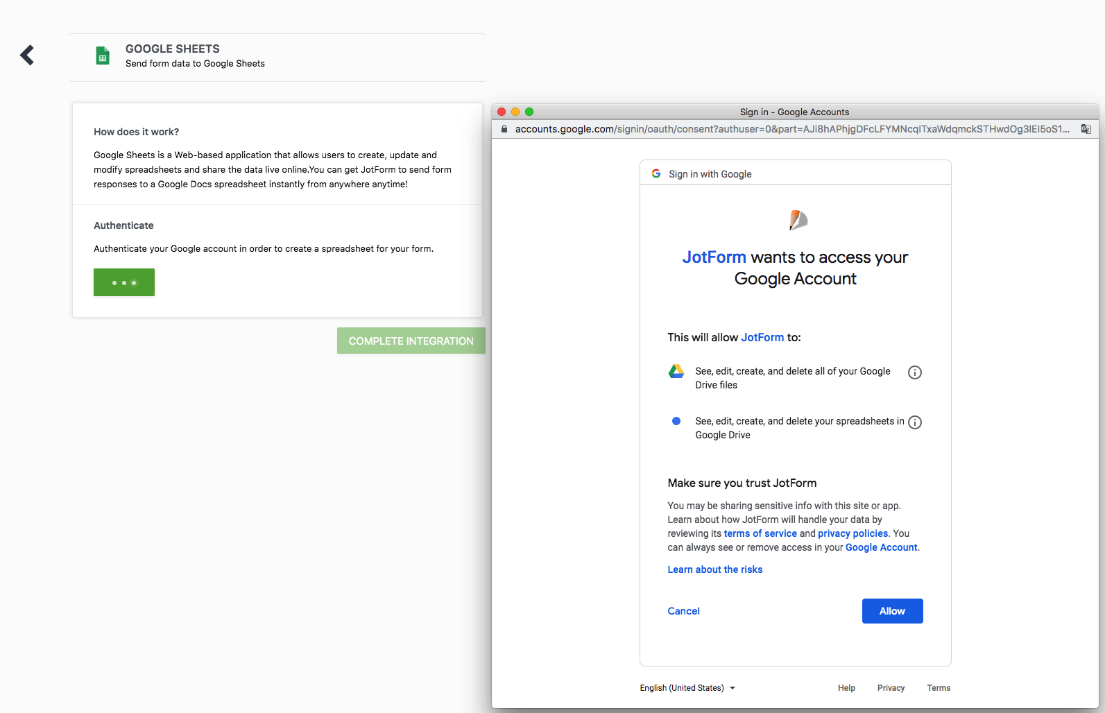 Google sheets mail authentication