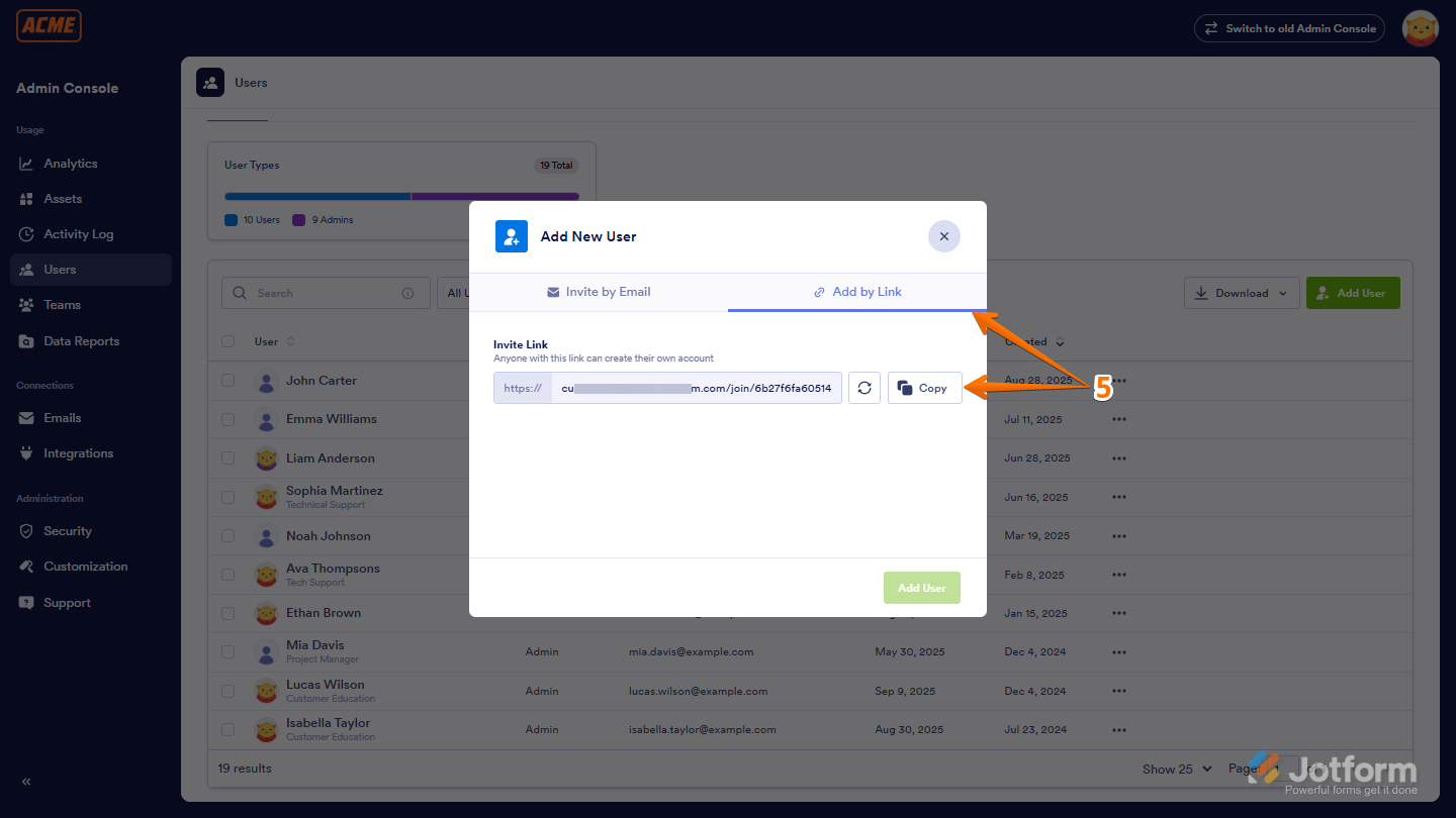 Add by Link tab and Invite Link option in Jotform Workspace Enterprise