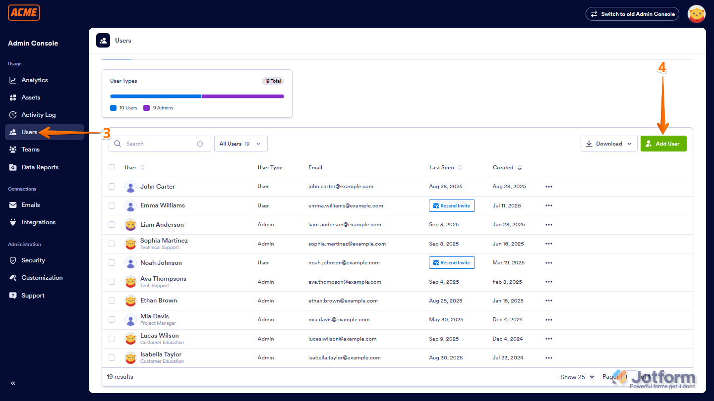 Users tab and Add User Button in Admin Console page of Jotform Enterprise Workspace