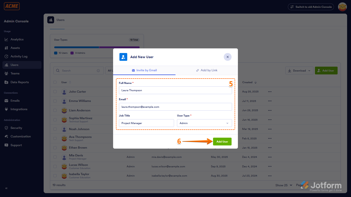 Add New User window filling out under the Invite by Email tab and Add User in Jotform Enterprise Workspace