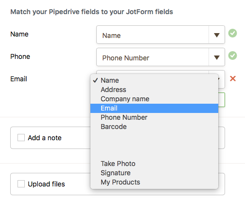 matching specific fields from Pipedrive to questions in the Jotform form