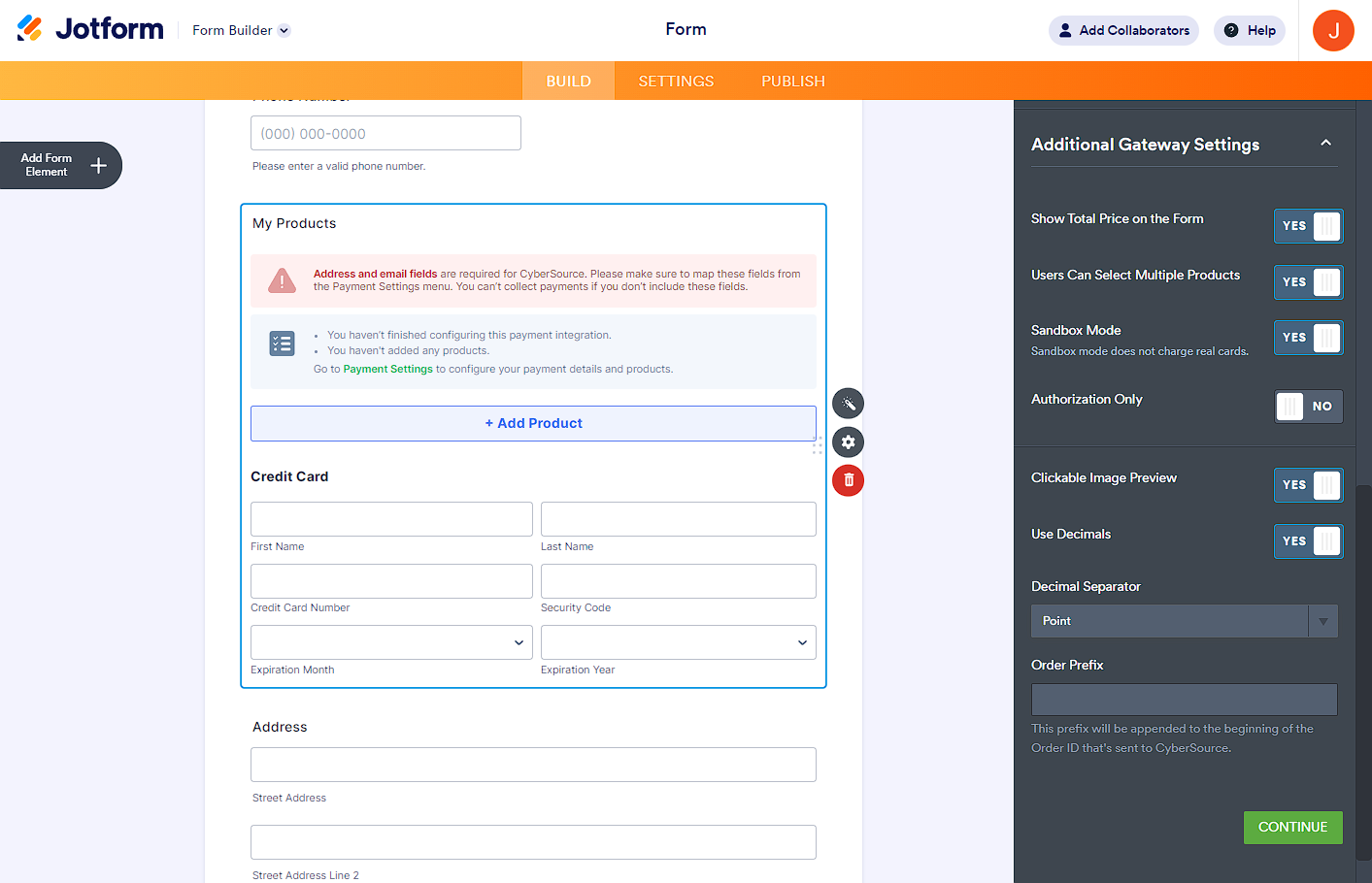 Configuraciones Adicionales de Pasarela de pago de CyberSource mostrando más opciones incluyendo Modo Sandbox, Solo Autorización y Prefijo de Orden