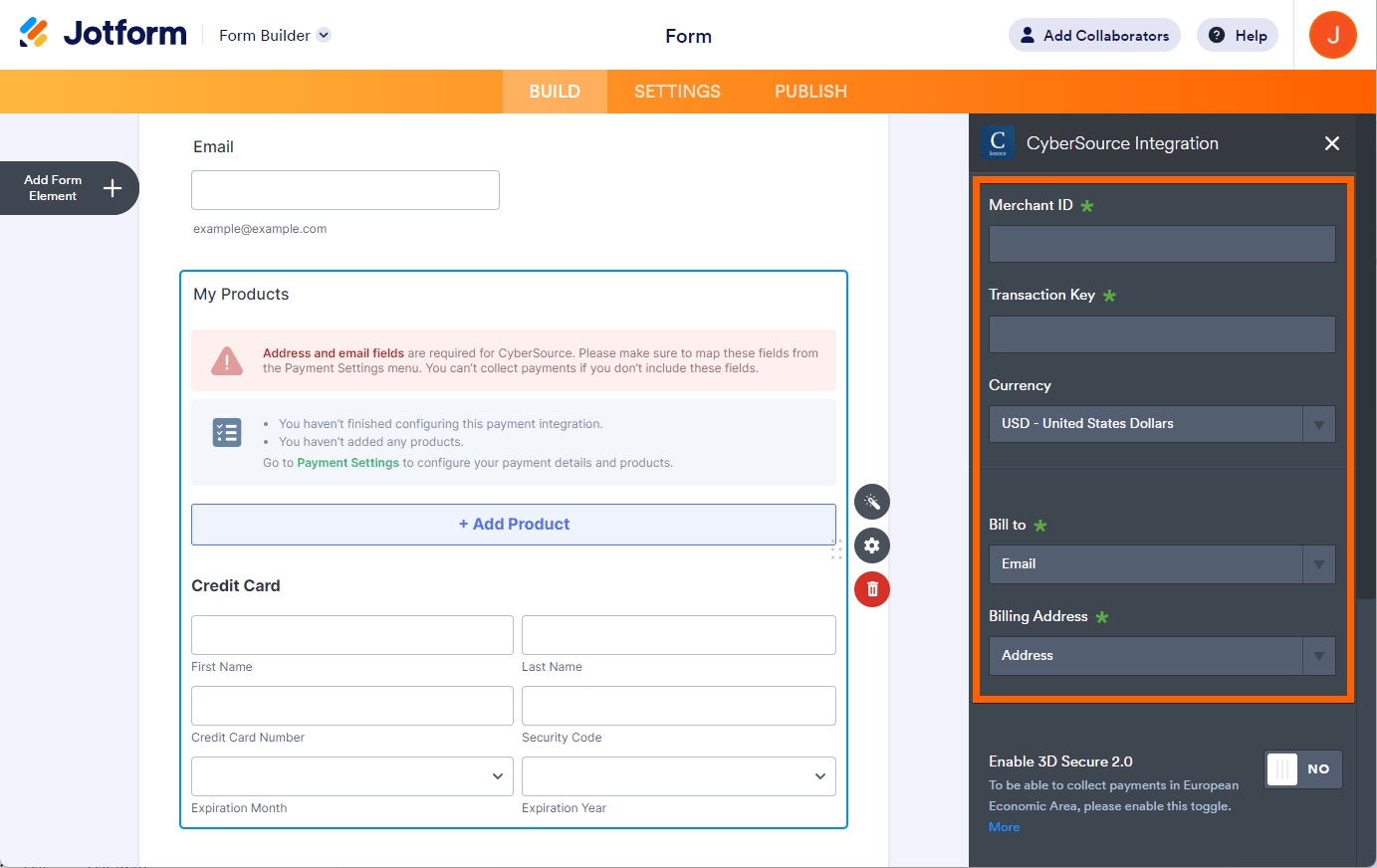 Panel de Configuraciones de Pago de la pasarela de pago CyberSource mostrando las casillas para ID de Comerciante y Clave de Transacción y los desplegables para Moneda, Facturar a y Dirección de Facturación