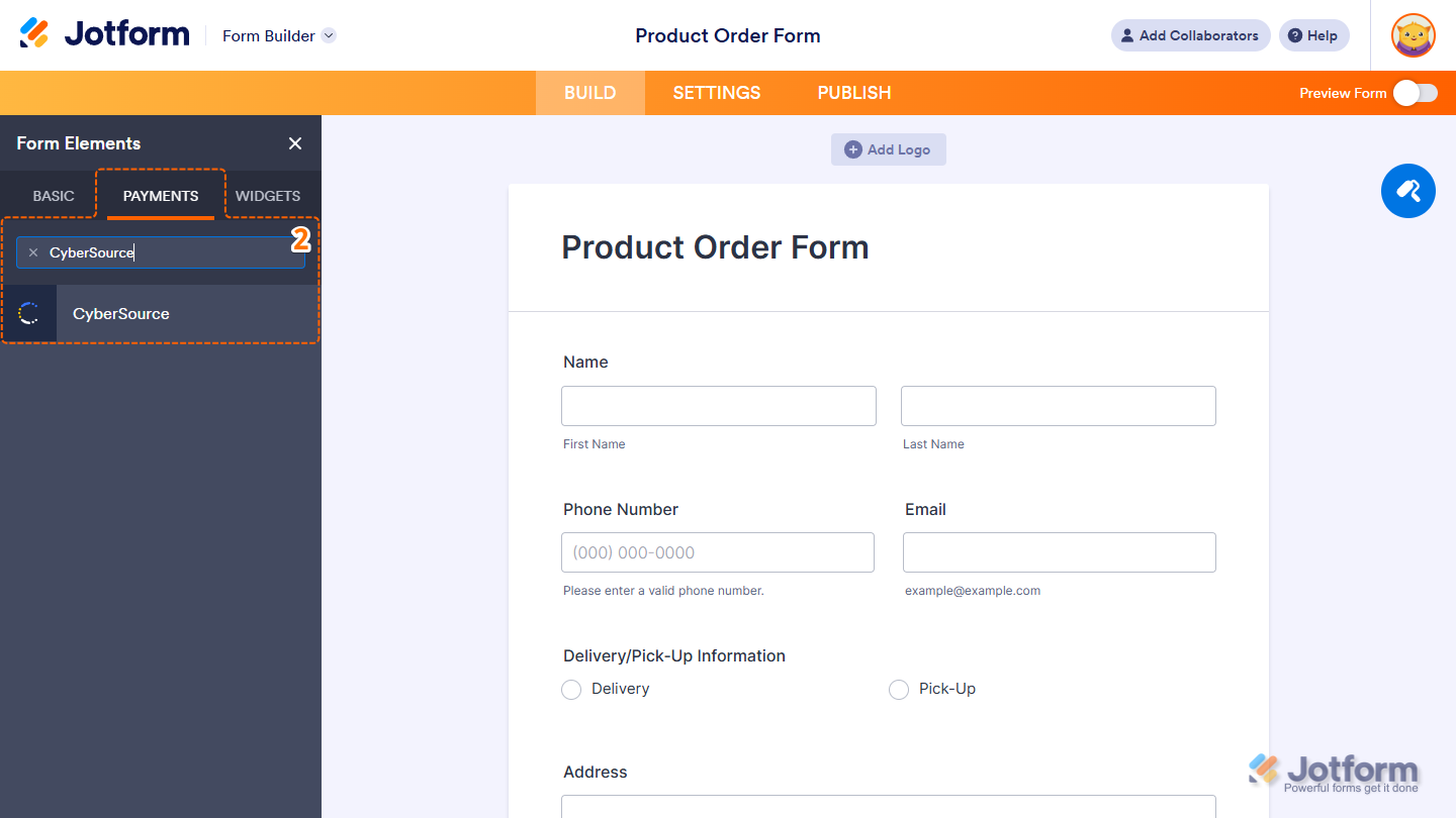 CyberSource element under the Payments tab of the Form Elements menu in Jotform Form Builder