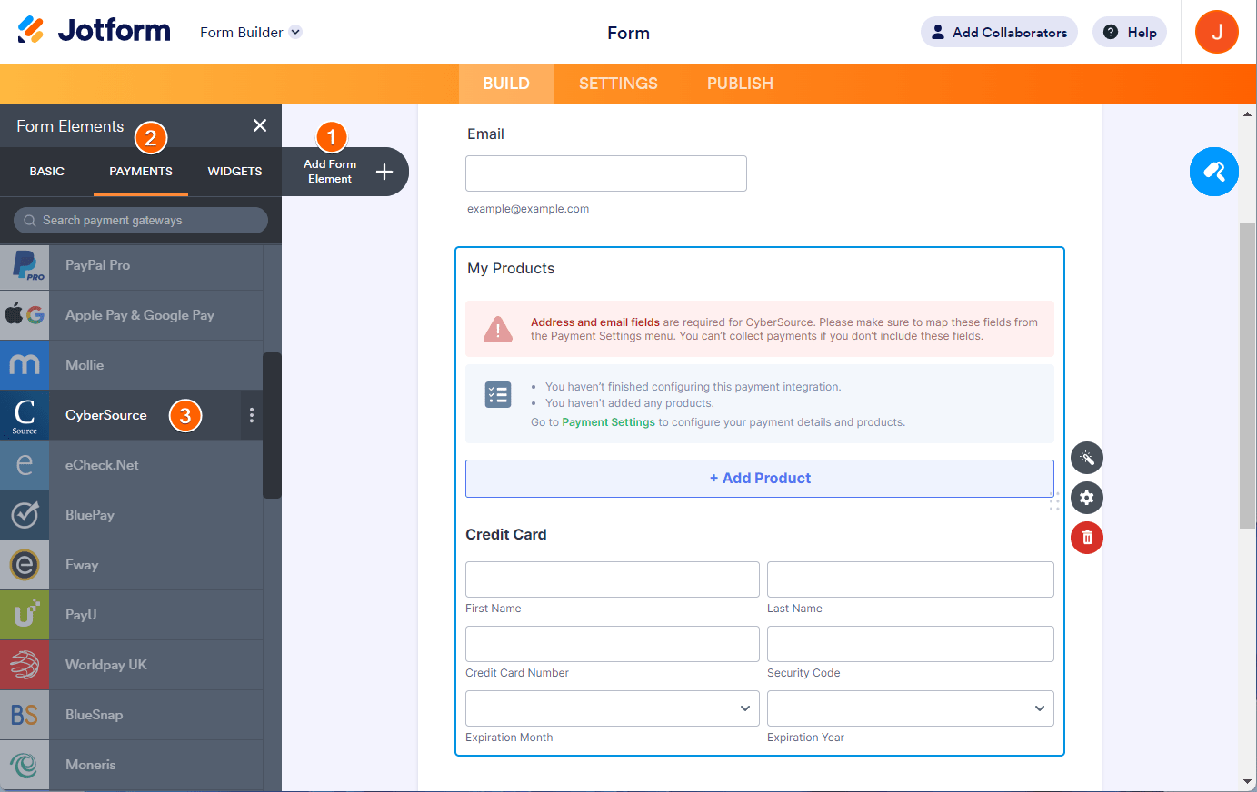 Creador de Formularios de Jotform con pasos para hacer clic en el botón Agregar Elemento de Formulario, pestaña de Pagos, y pasarela de pago CyberSource