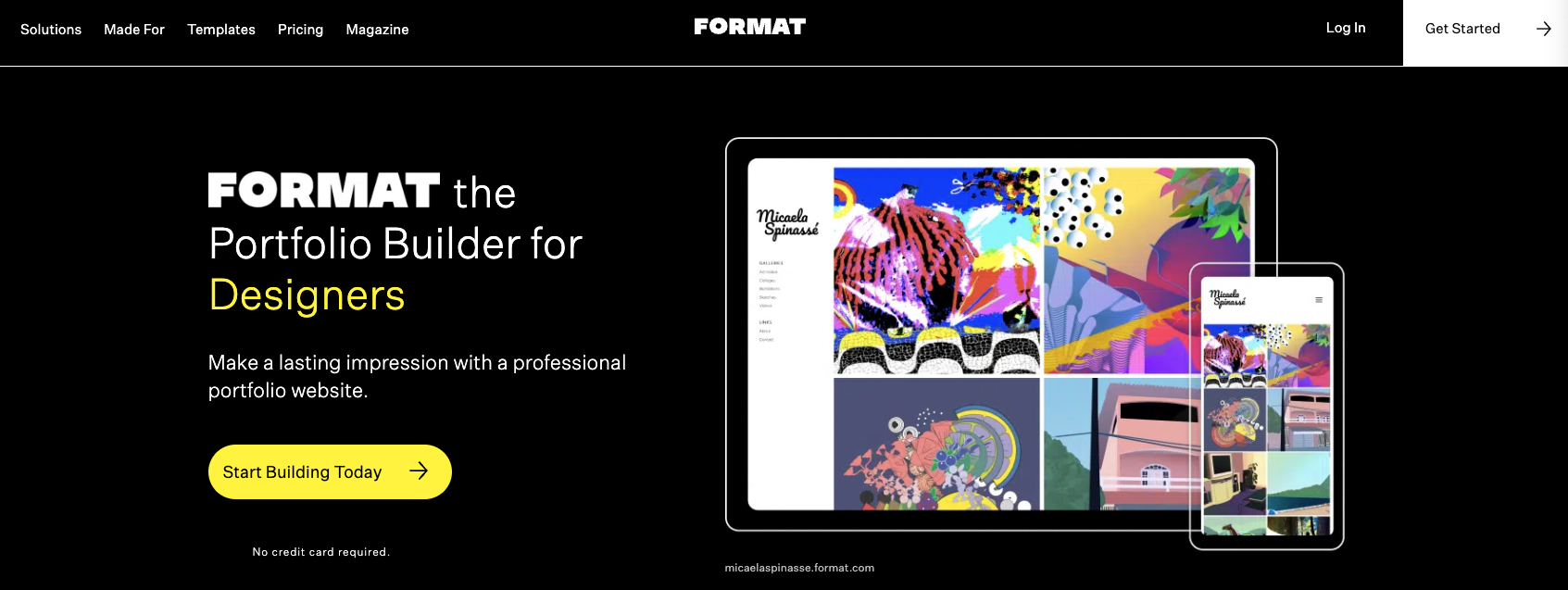 homepage of format the portfolio builder for designers