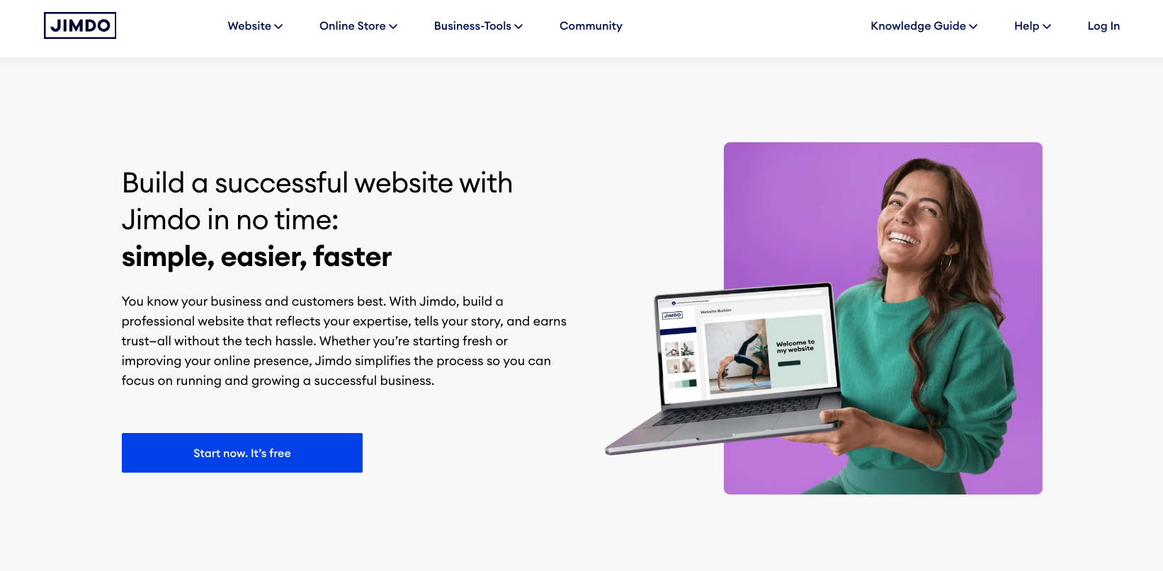 jimdo homepage with the words build a successful website with Jimdo in no time simple easier faster