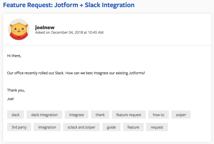 jotform slack integration request from user