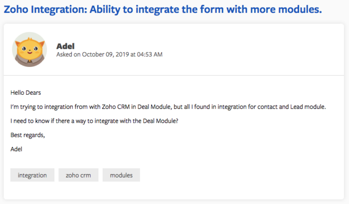 jotform zoho integration request from user