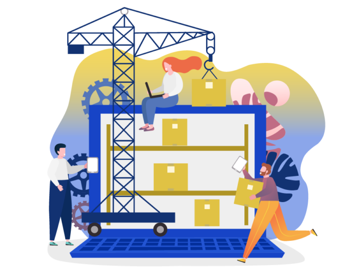 A couple of people spread around working in different phases of inventory management