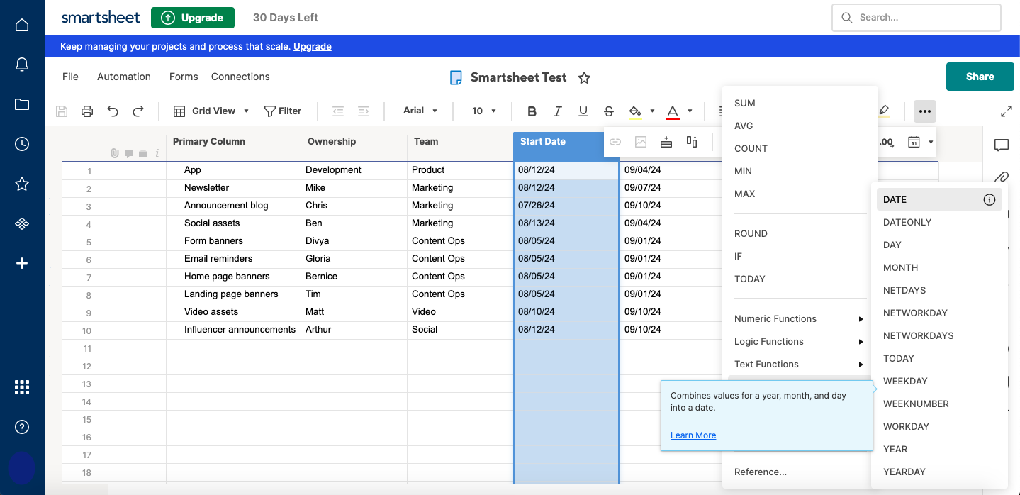 user interface of smartsheet