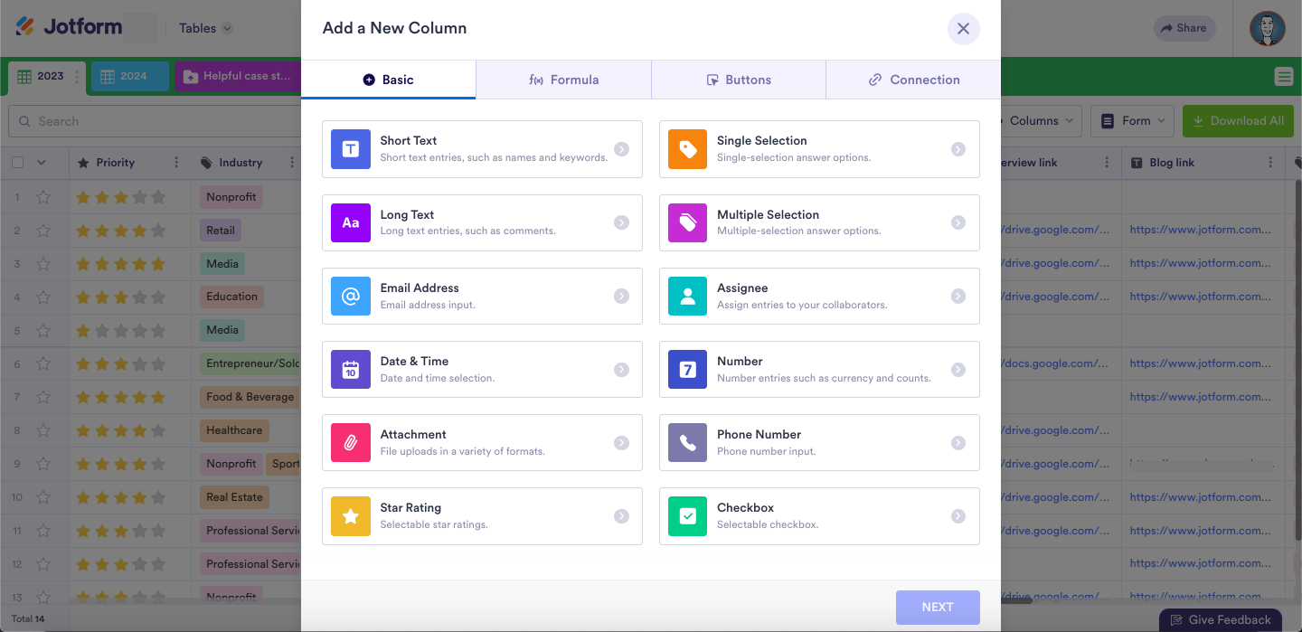 user interface of jotform tables