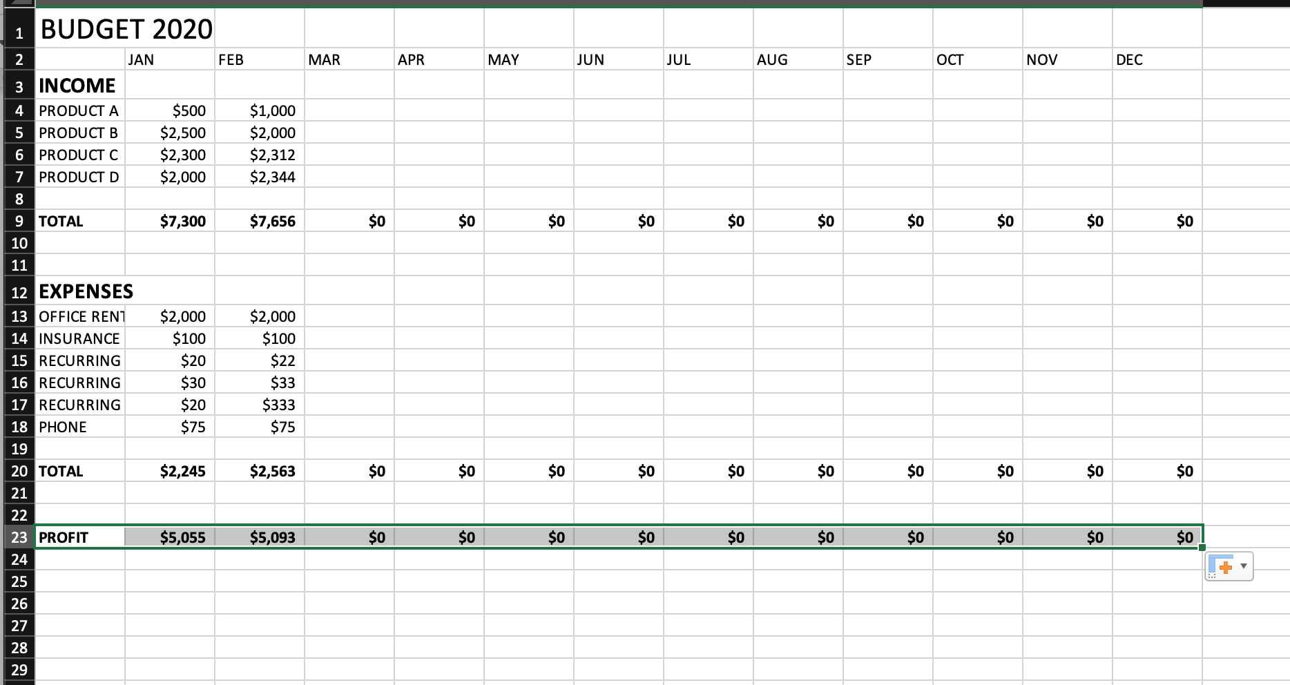 adding a profit row and populating the cells
