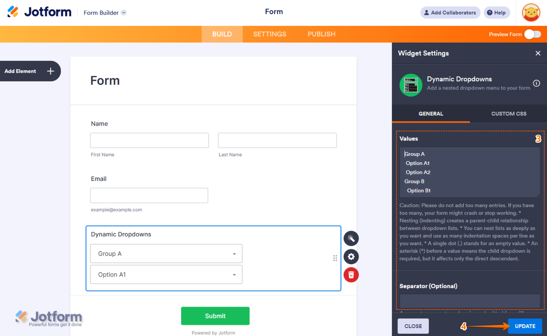 Set values and separator in Dynamic Dropdowns widget settings in Jotform