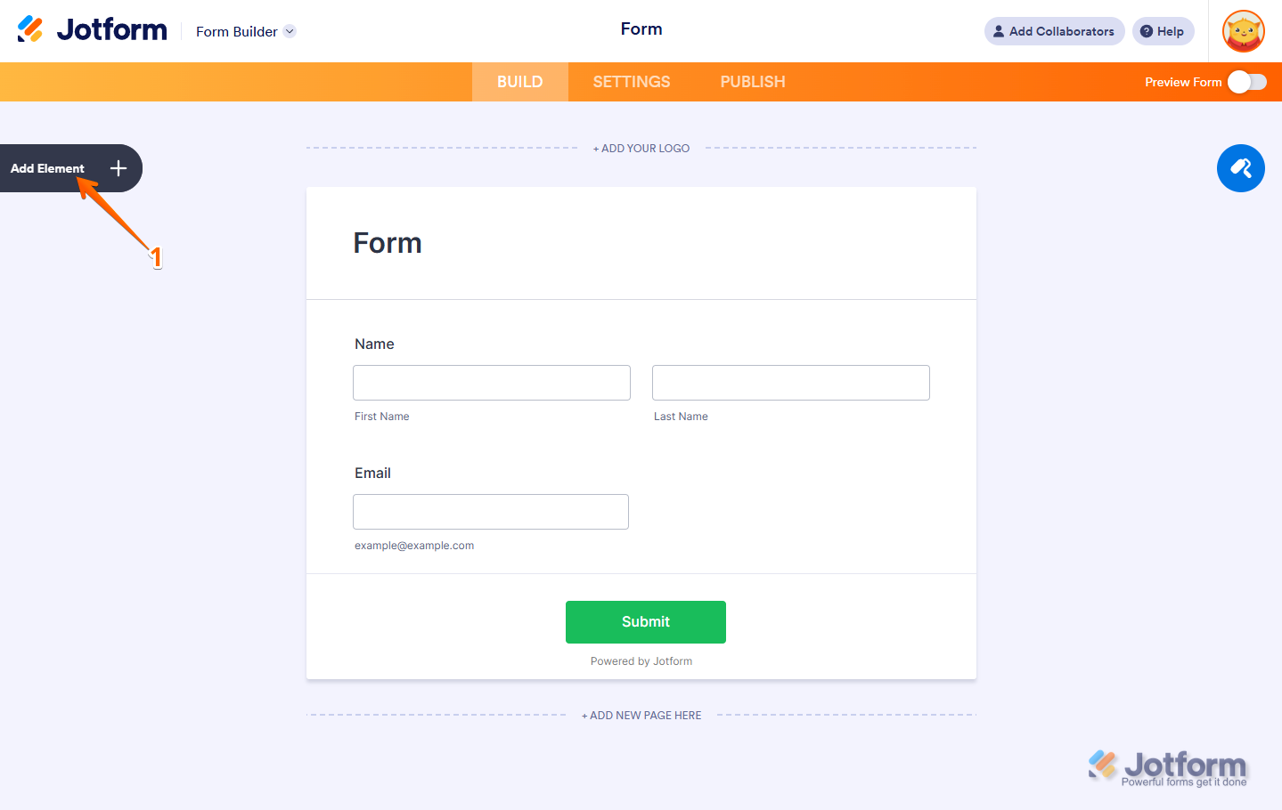 Click Add Element on the left side in Form Builder in Jotform