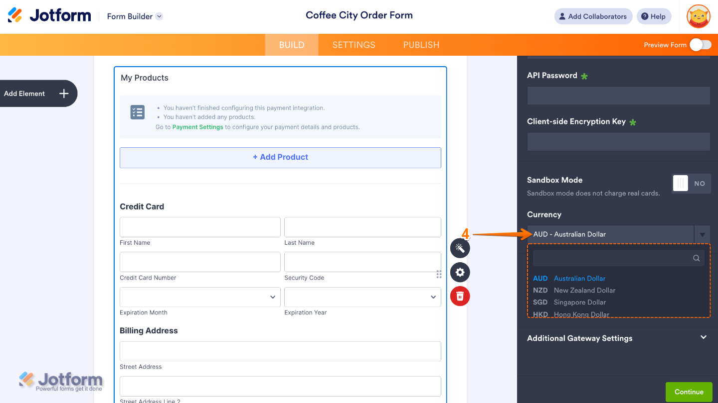 Selecting a currency from the dropdown list within the Eway payment integration settings