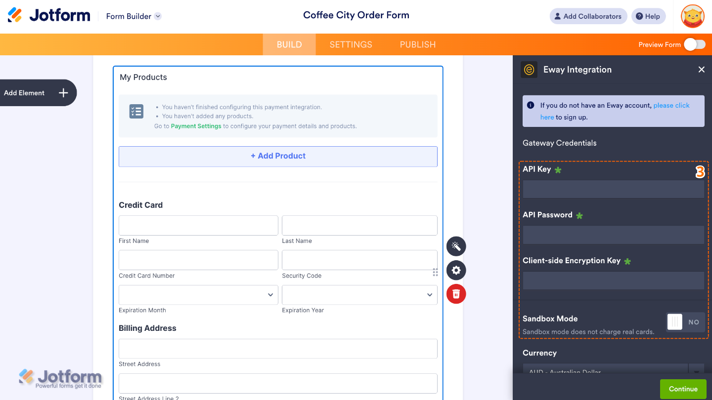 Eway Integration settings panel open on the right side, displaying gateway credential fields