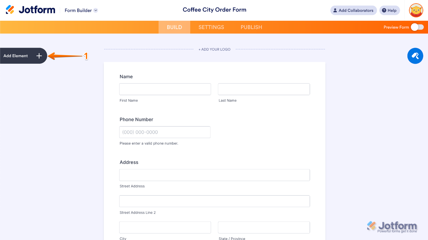 Clicking the Add Form Element button on the left side of the Form Builder