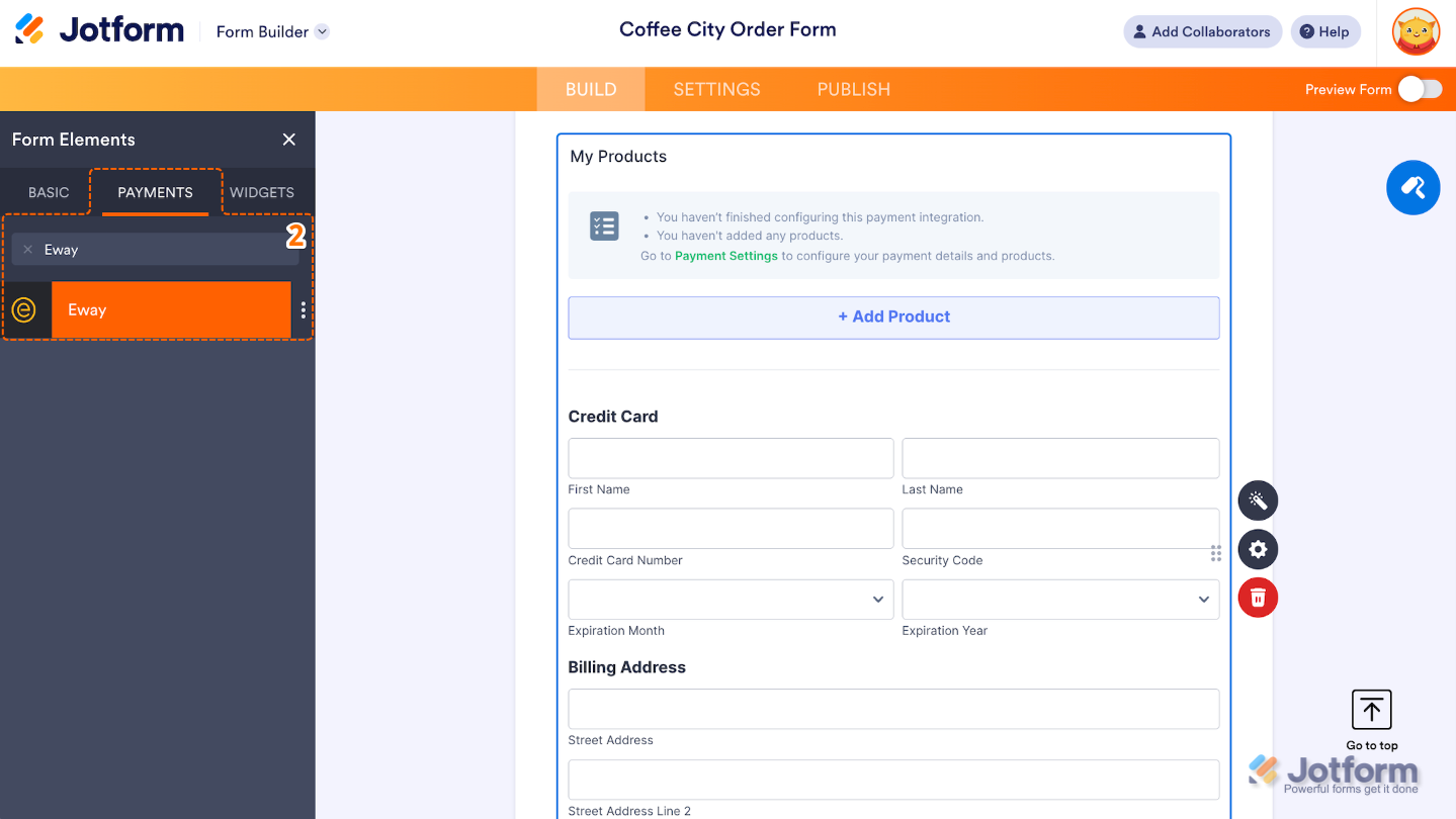 Searching for the Eway under the Payments tab in the Form Elements menu and dragging it into the form layout