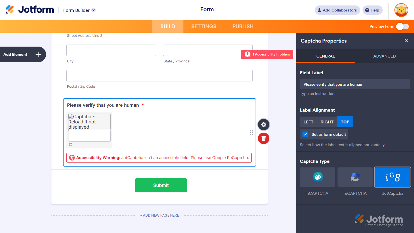 Accessibility warning in Jotform indicating that JotCaptcha is not screen reader-friendly and recommending the use of Google ReCAPTCHA