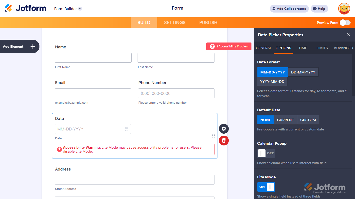 Accessibility warning in Jotform indicating that Lite Mode is enabled on the Date Picker, which may cause accessibility issues.
