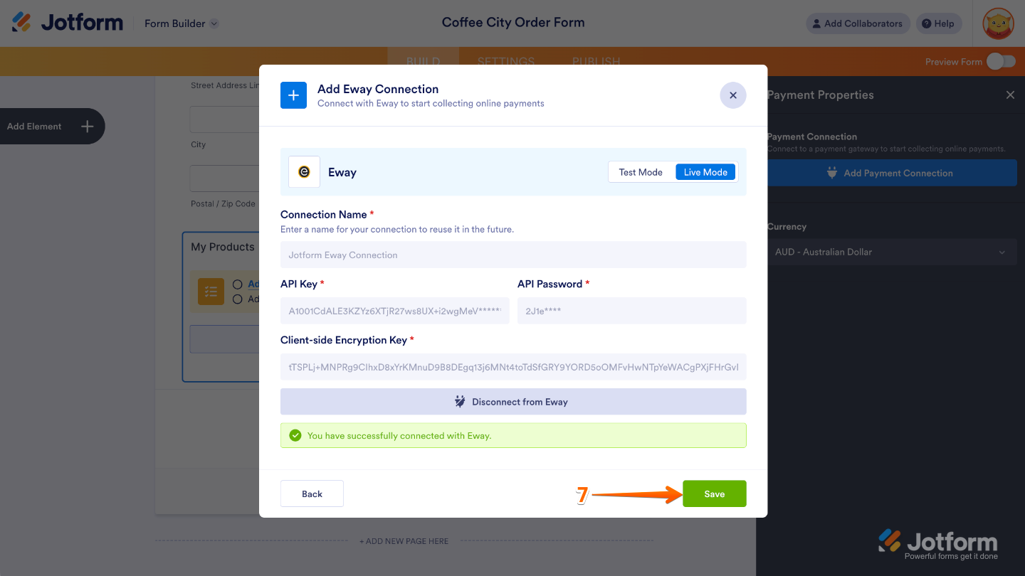 Eway integration window showing connection confirmed and the Save button highlighted