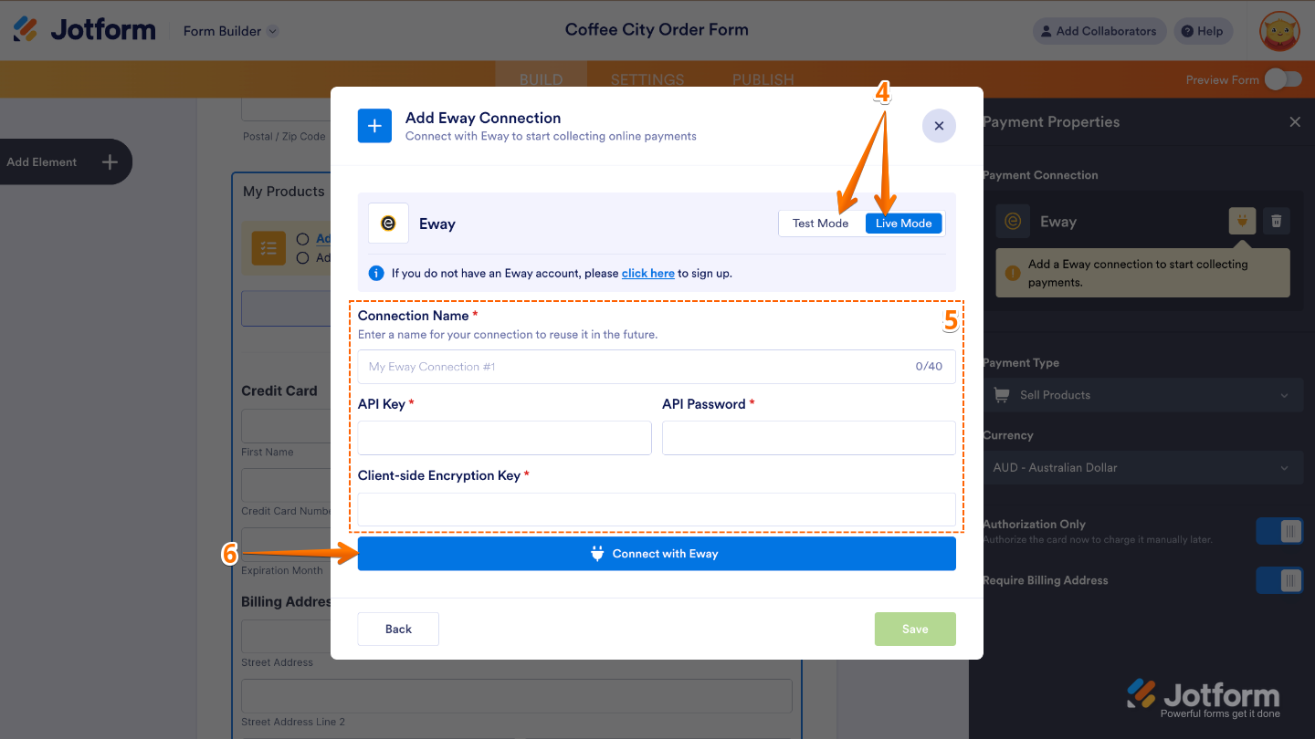 Add Eway Connection window showing environment selection options (Test Mode and Live Mode) and credential input fields for connecting to Eway
