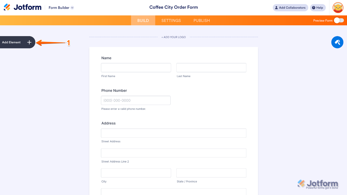 Clicking the Add Form Element button on the left side of the Form Builder