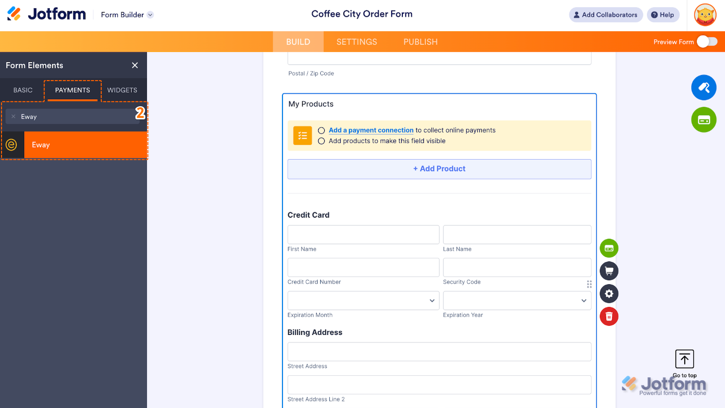Searching for the Eway under the Payments tab in the Form Elements menu and dragging it into the form layout