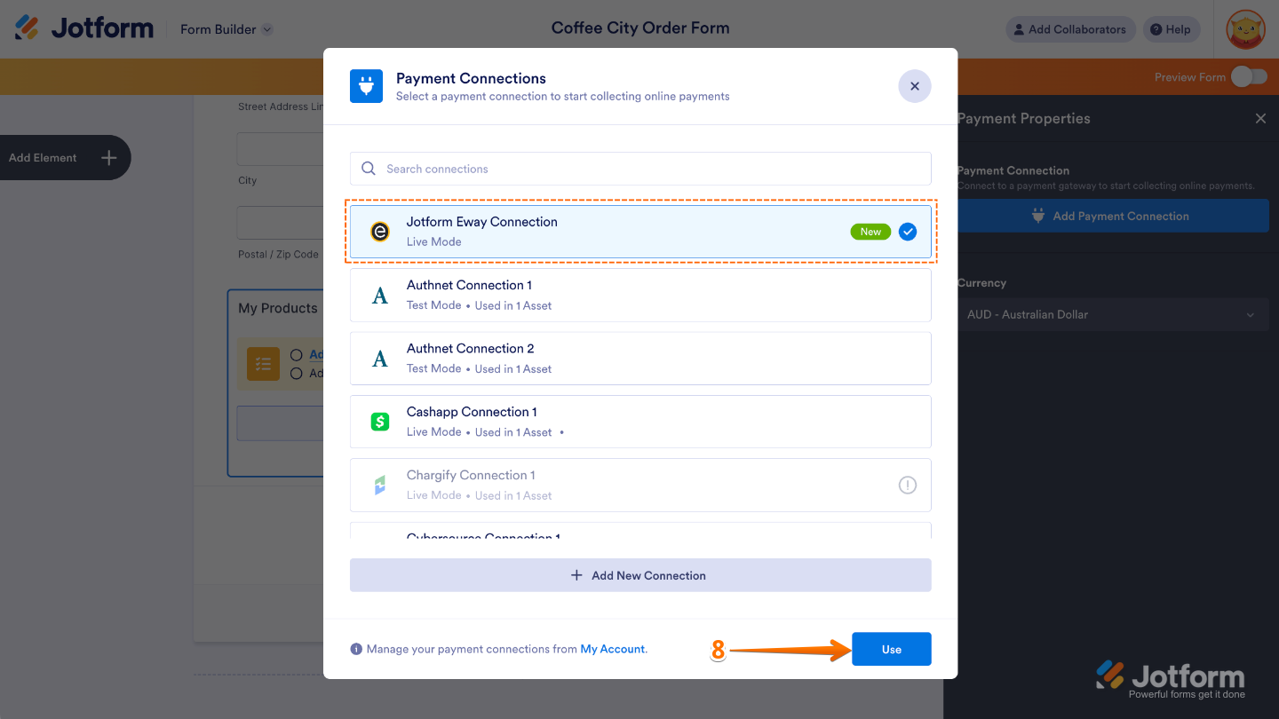 Payment Connections window displaying a list of available Eway connections with the Use button beside each one