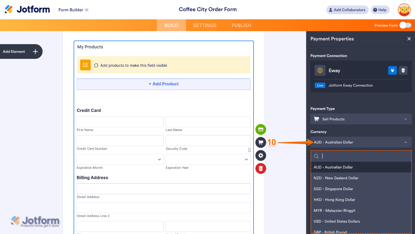 Eway payment integration settings showing the Currency dropdown menu expanded with various supported currency options