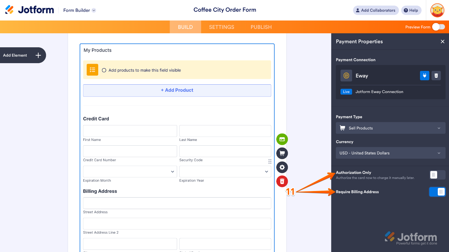 Payment integration settings panel showing configuration toggles for Authorization Only and Require Billing Address