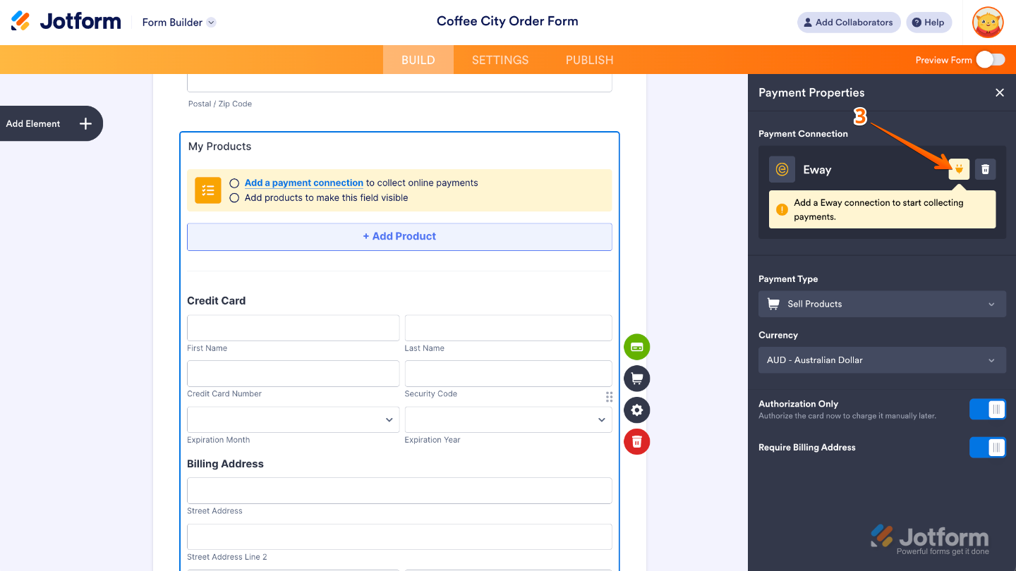 Payment Properties panel on the left with the Plug icon visible for accessing integration settings