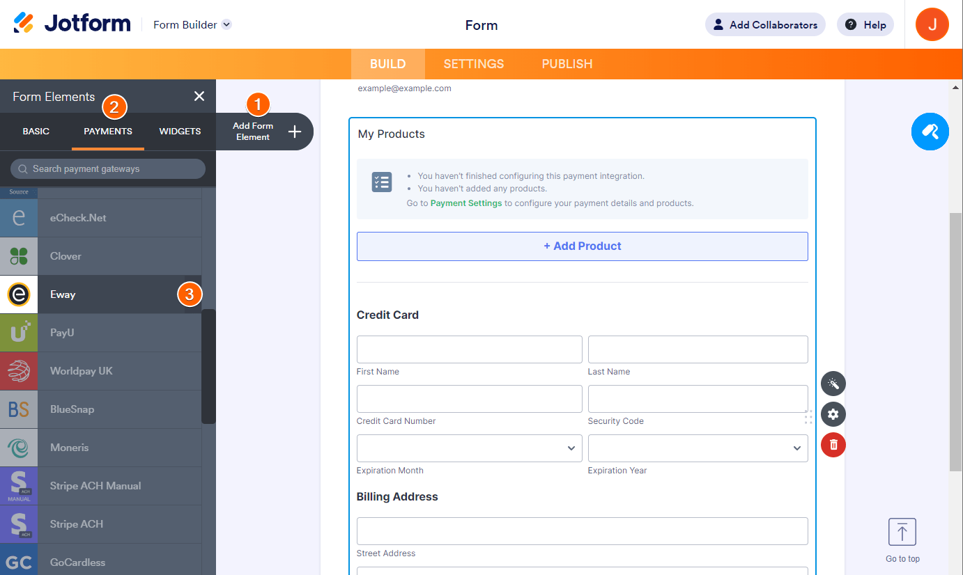 Creador de Formularios de Jotform con pasos para hacer clic en el botón Agregar Elemento de Formulario, Pagos y pasarela de pago Eway