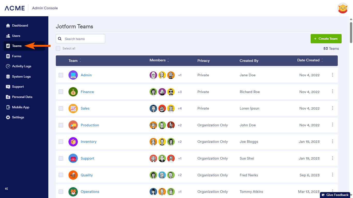 The Teams tab in Jotform Enterprise Admin Console
