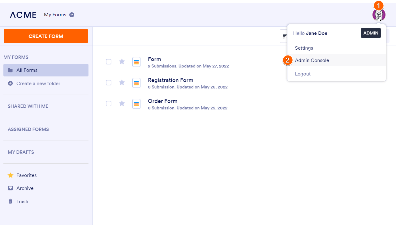 Enterprise My Forms Open Admin Console