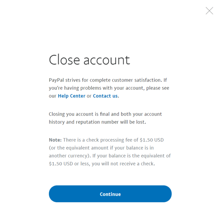 "Close account" screen