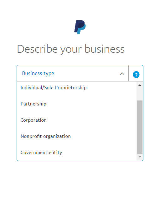 selecting your business type in "describe your business" screen