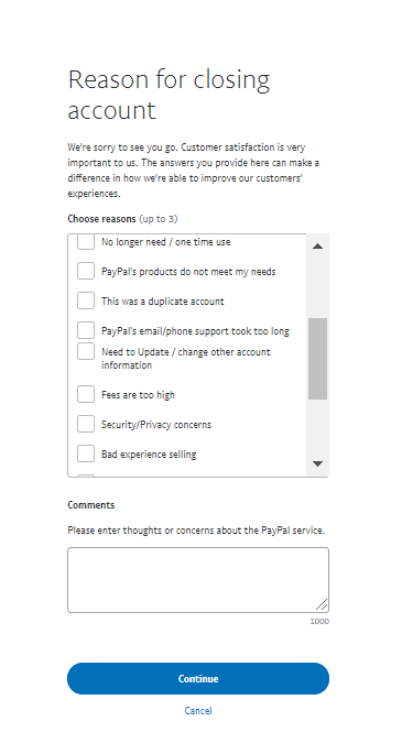 "reason for closing account" screen